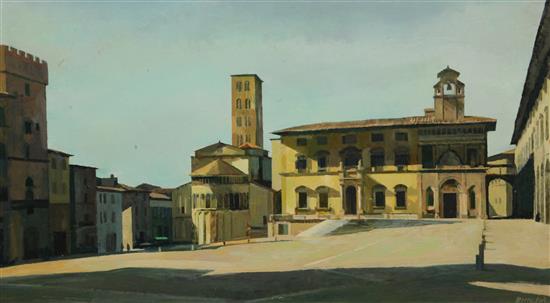 Peter Berrisford (1932-2003) Italian town square 15.5 x 27.5in.